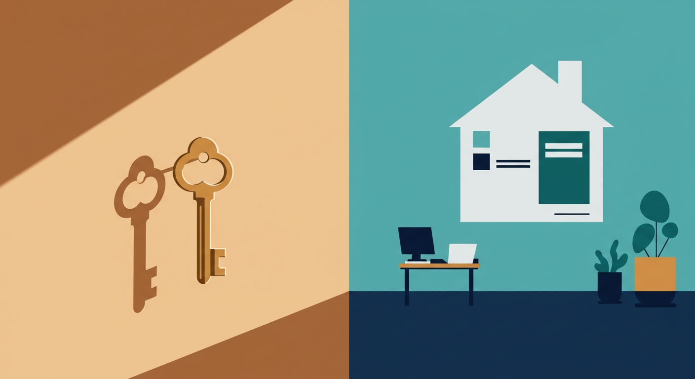 A landlord sits at a desk, talking on the phone and taking notes in a planner next to a laptop.