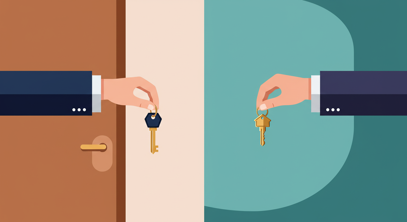 A landlord hands a set of house keys to a new tenant in the doorway of a clean, empty apartment.