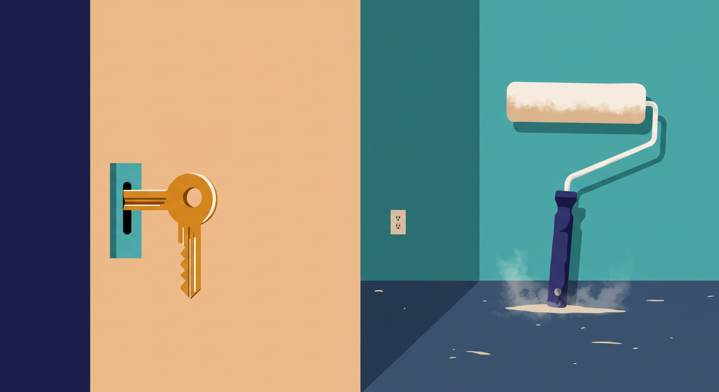 A house key on a wooden table, with one half of the table looking new and polished and the other half looking old and worn.