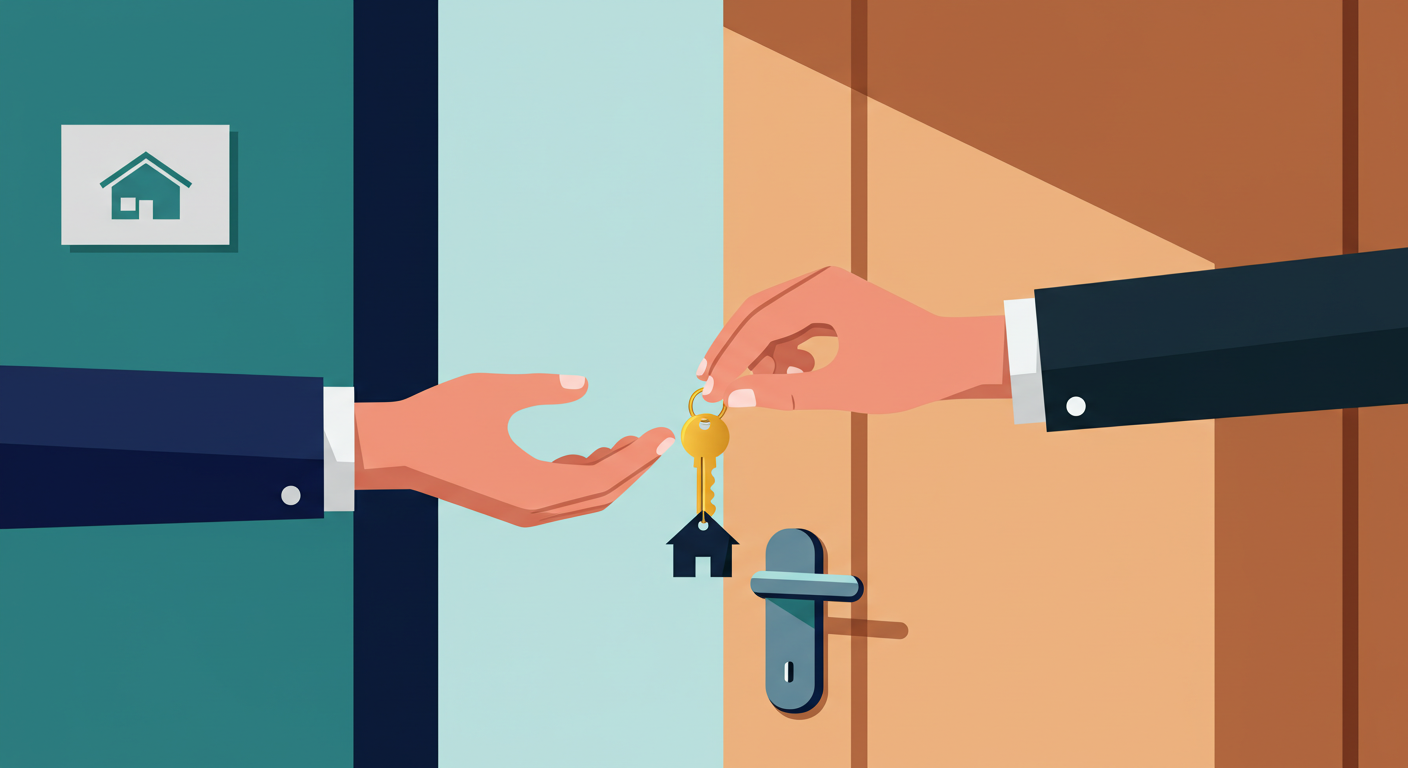 A set of house keys with a simple keychain resting on a wooden table.