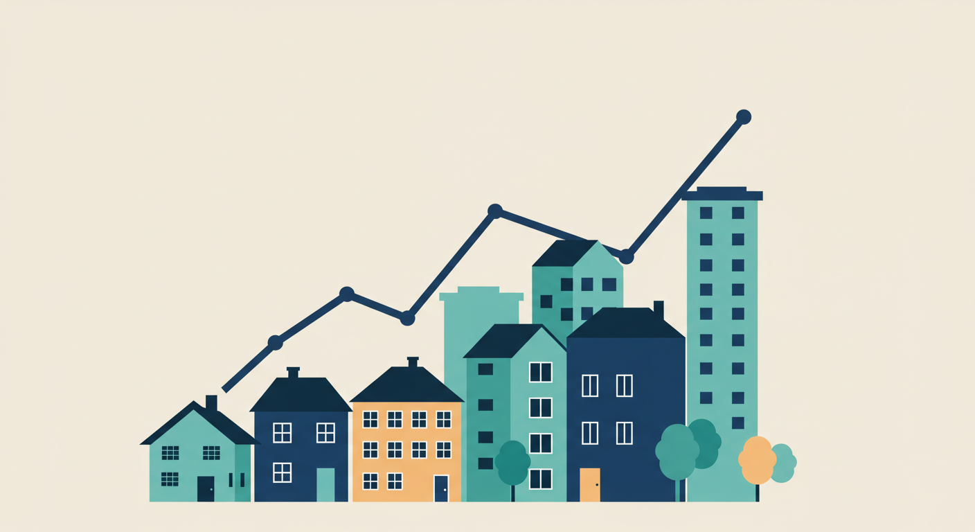 A modern apartment building in a dense city, with a digital graph overlay showing rising rent trends.